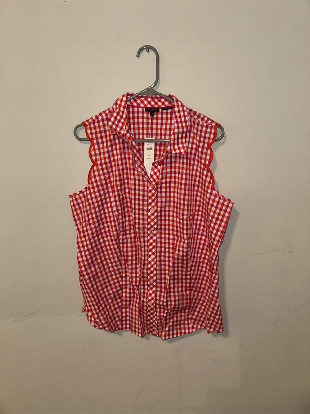 Talbots Sleeveless Red Gingham Button-Up Top with Scalloped Trim